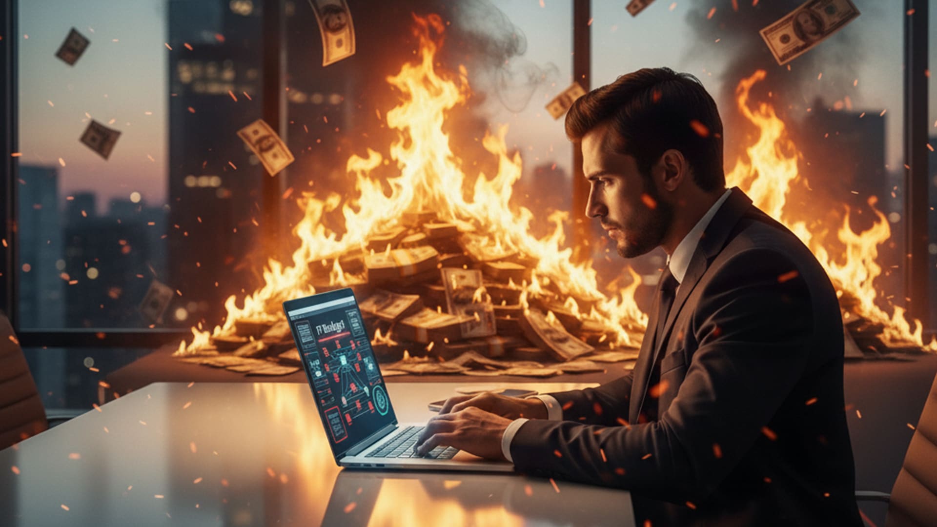 Burning money with a man using laptop