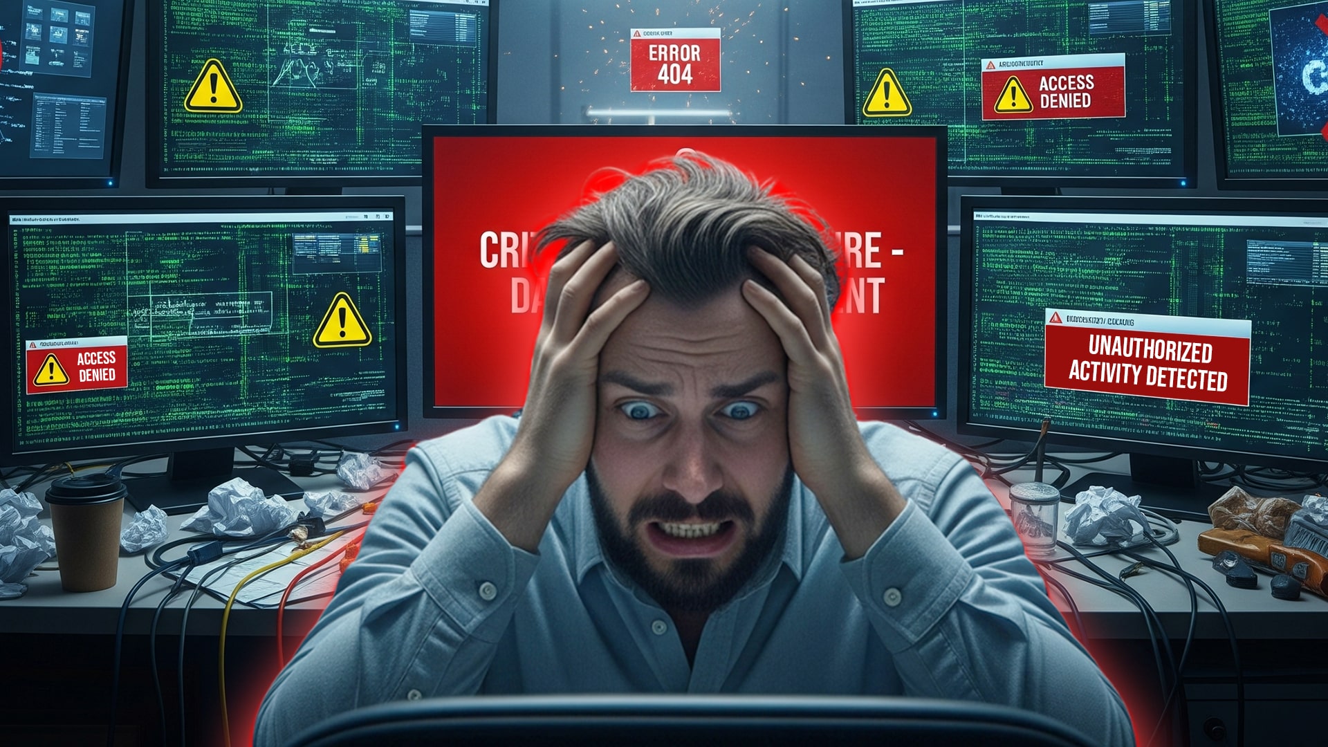 Stressed person with many computers