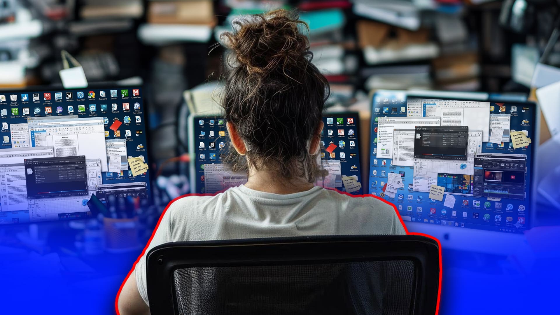 Women using multiple screens of PC