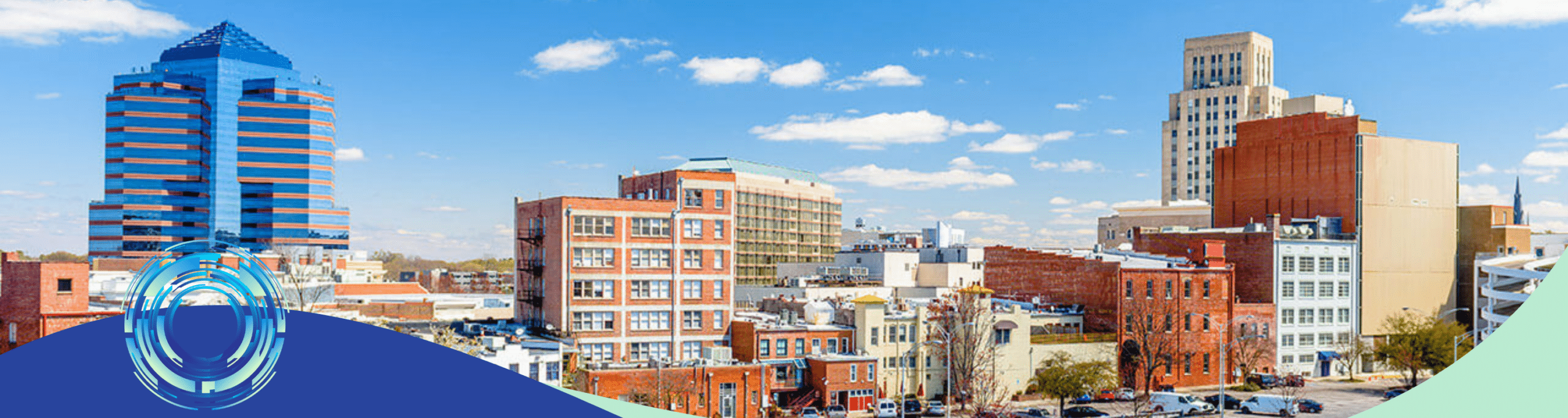 An aerial view of the buildings